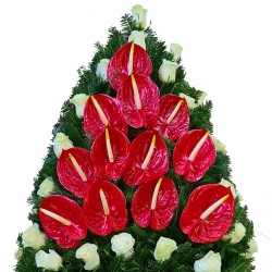 Coroana Trandafiri albi si Anthurium rosu