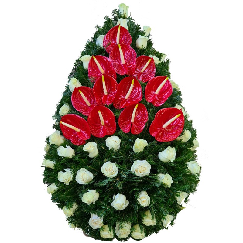 Coroana Trandafiri albi si Anthurium rosu