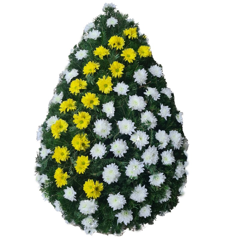 Coroana funerara crizantema alba si galbena
