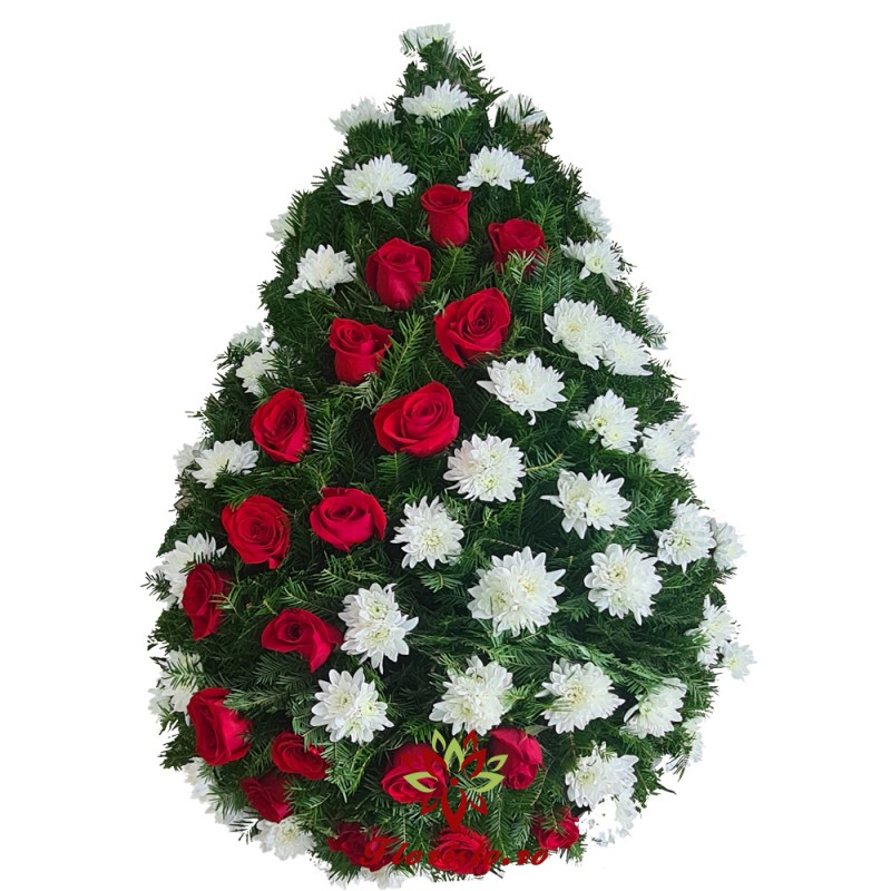 Coroana Funerara crizantema si trandafiri rosii