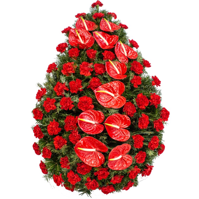 Coroana funerara garoafe rosii si anthurium rosu