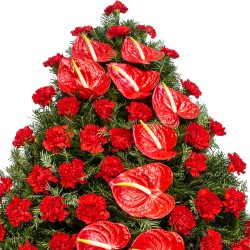 Coroana funerara garoafe rosii si anthurium rosu