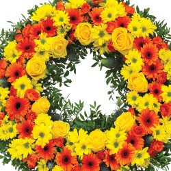 Aranjament funerar rotund galben cu portocaliu